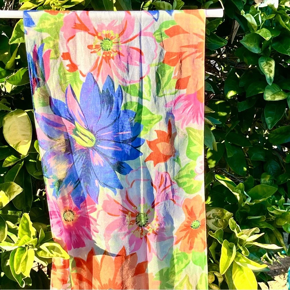 Vintage Diane Von Furstenberg Floral Scarf, Italy, Rectangle, Blue Orange Green